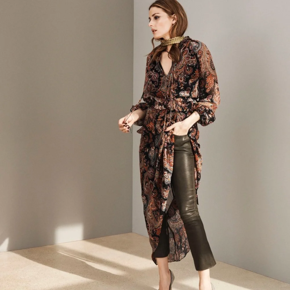 Banana Republic X Olivia Palermo Paisley 100% Silk Dark Boho Midi Dress Witchy - Picture 1 of 13
